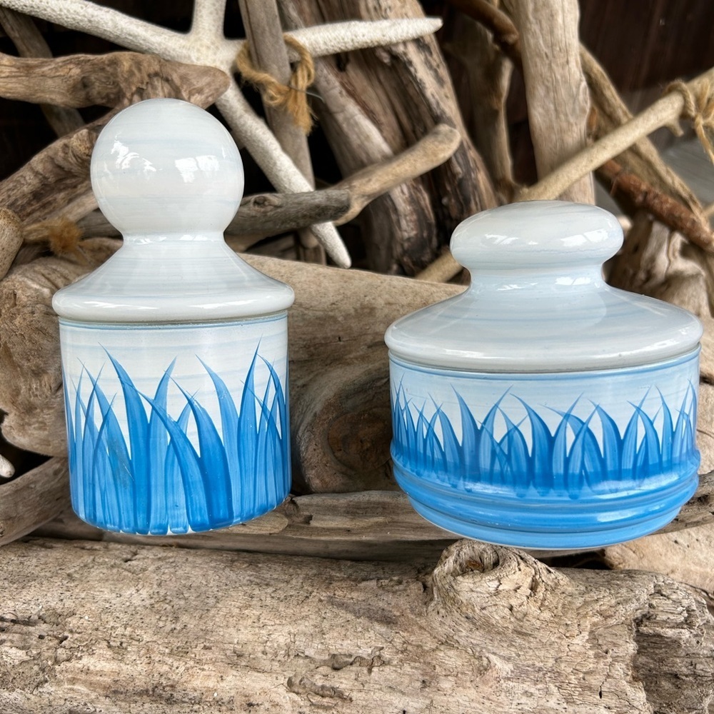 Vintage Blue and White Hand Painted Lidded Glass Jars with Coastal Motiff
